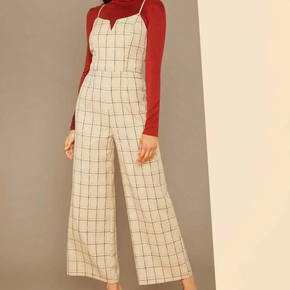 V- cut plaid Cami jumpsuit